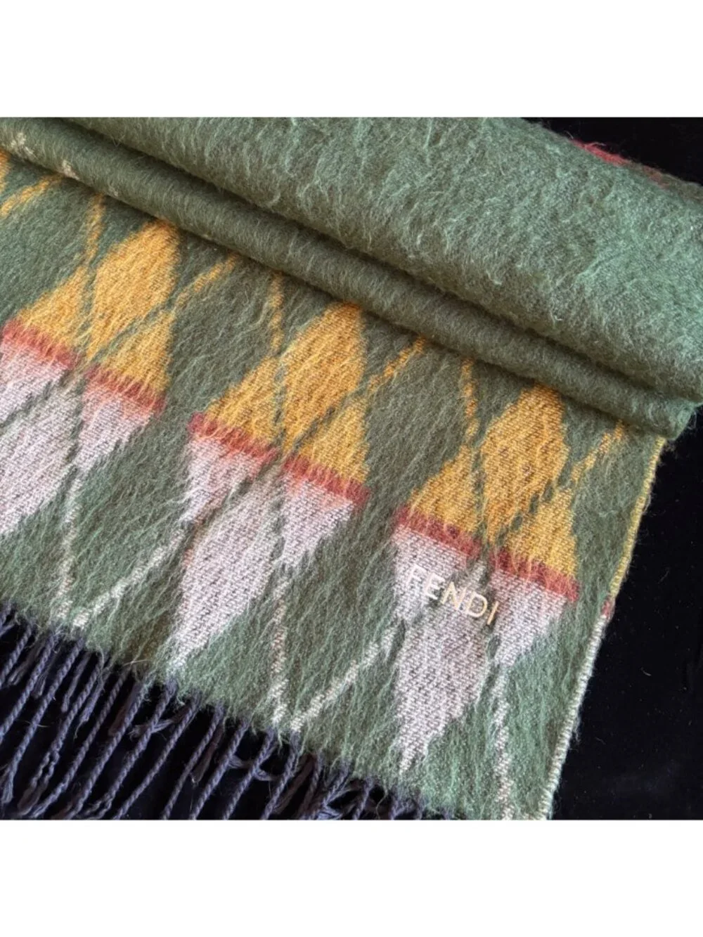 Vintage Scarf Fendi Italy Wool Green Yellow Argyle Plaid Designer Fringe Warm